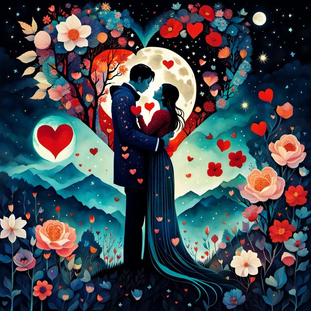 Surreal Heart Collage with Lovers and Flowers