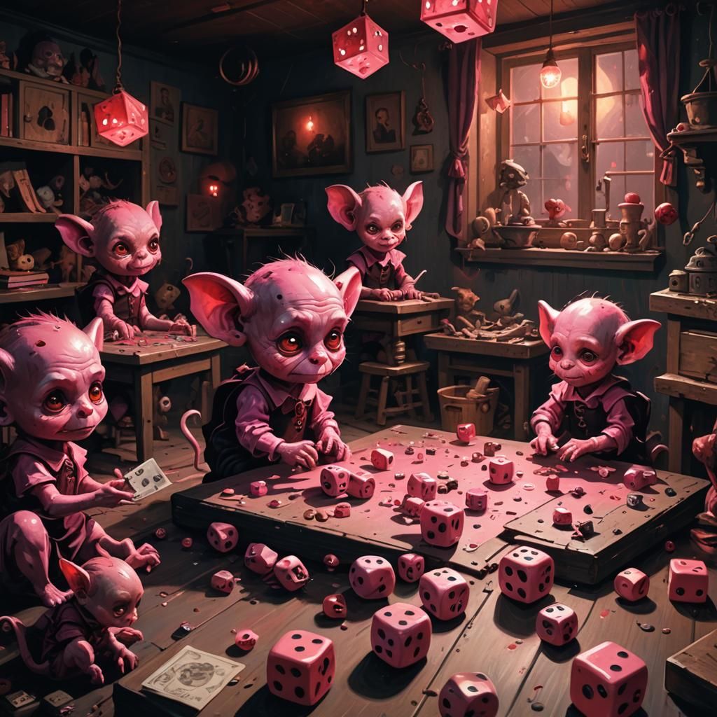 Pink Imps Play Dice in Dark Fantasy Playroom
