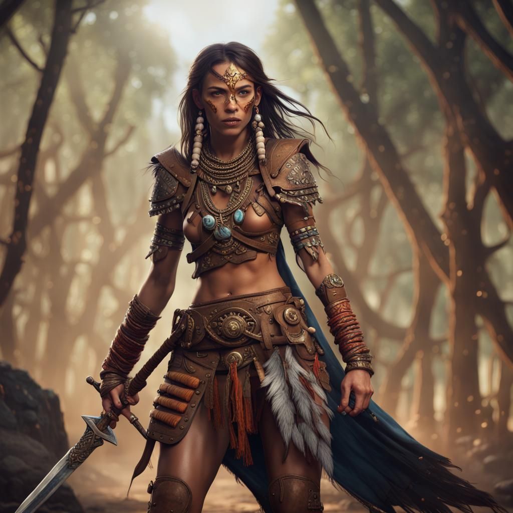 Tribal Woman Warrior with Sword, Fantasy Art