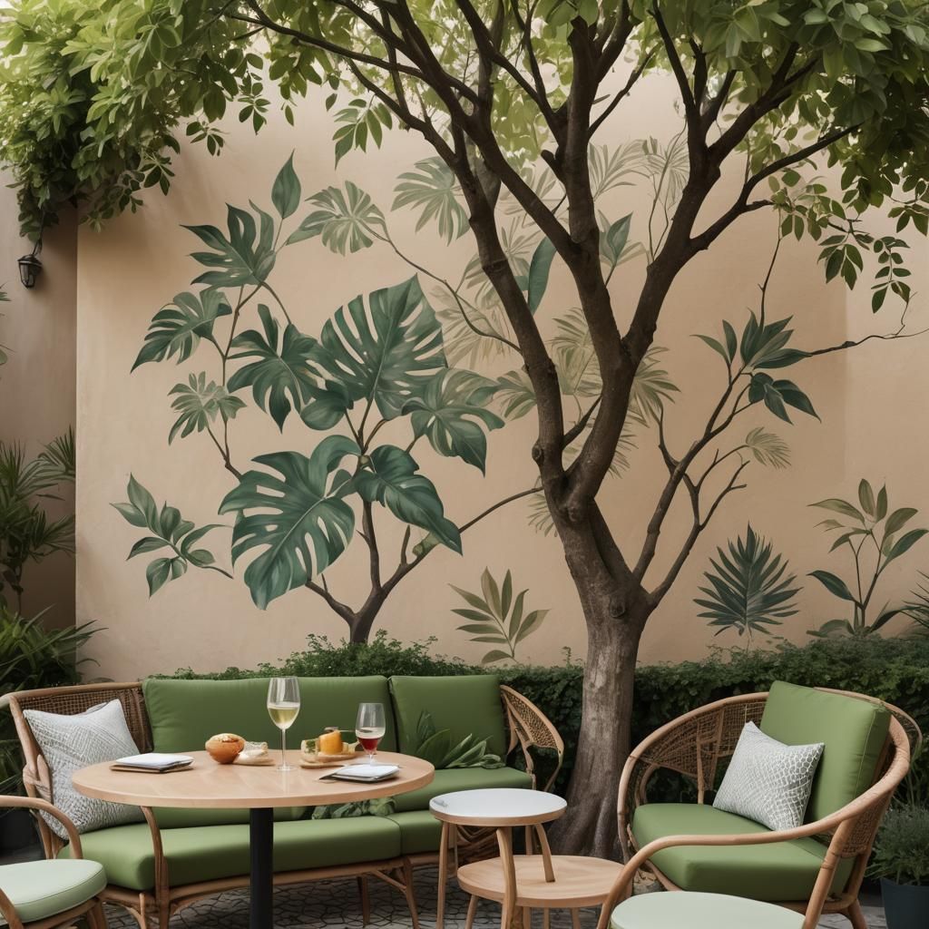 Chic Outdoor Terrace with Exotic Plants and Mural