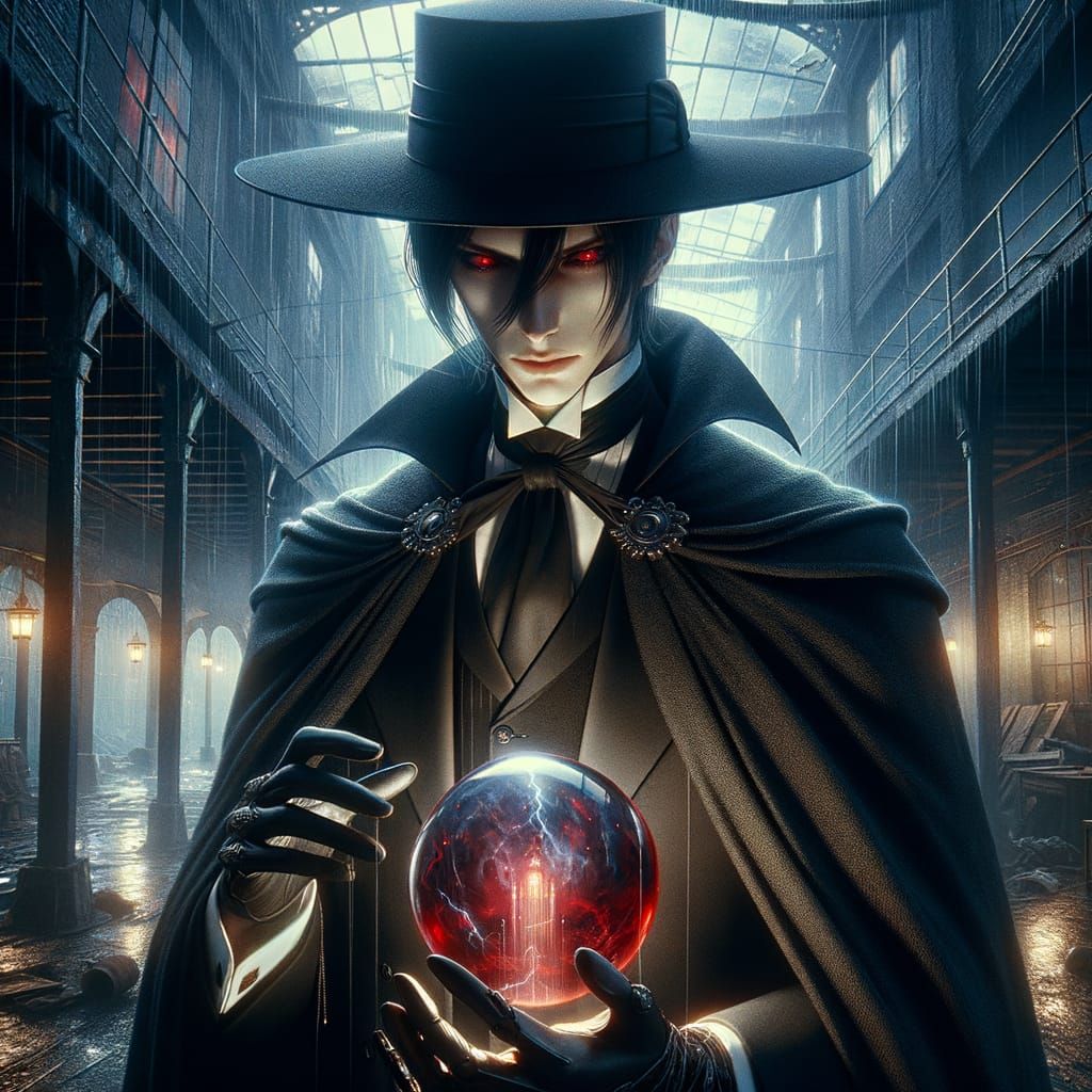 Menacing Man Investigates Crystal Ball in Noir Style