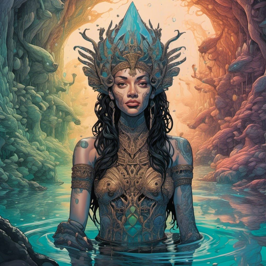 Goddesses Meet in River: Double Exposure Ink Art