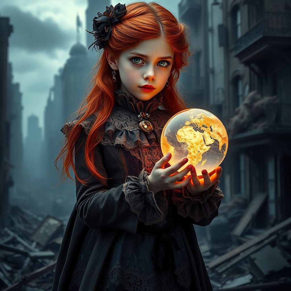 Gothic Victorian Goddess Amidst Post-Apocalyptic Ruins