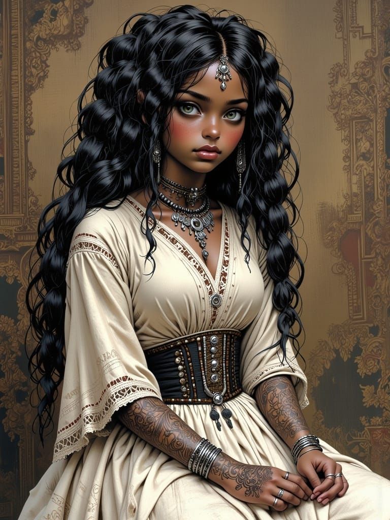 Vintage African Doll Portrait in Pen and Ink