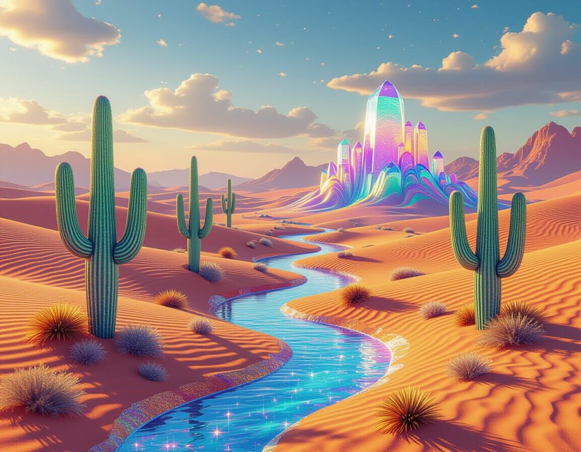Psychedelic Glitter Desert Oasis Landscape