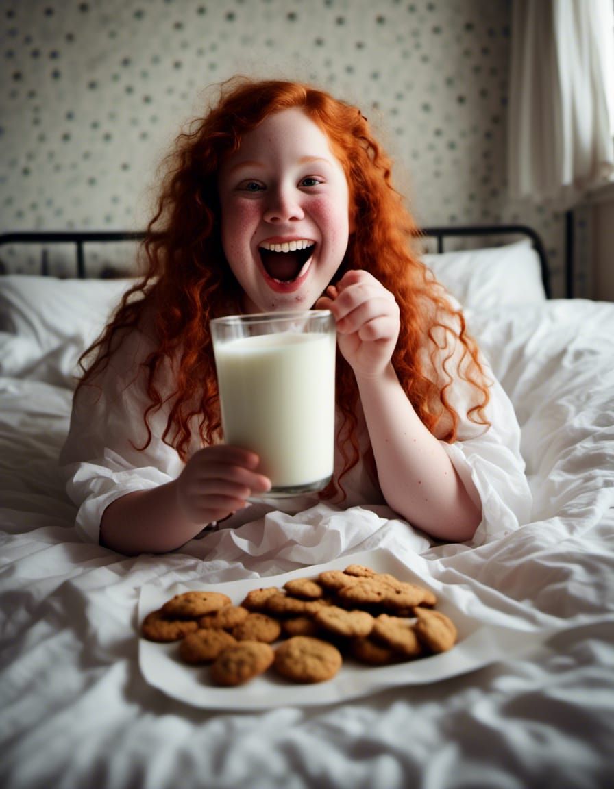 Happy Redhead Girl's Cookie and Milk Portrait