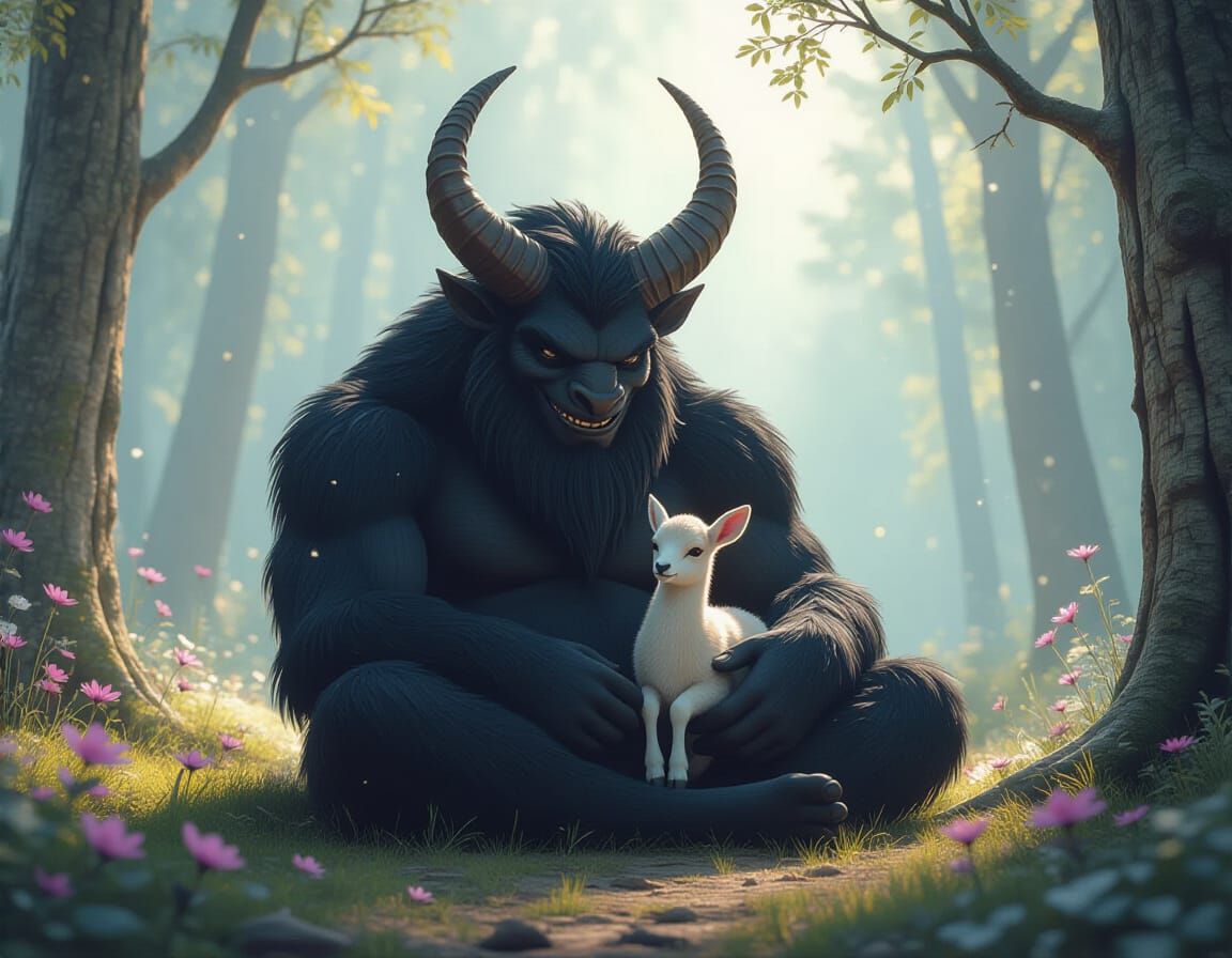 Gentle Beast Petting Doe in Forest, Ornate Digital Art