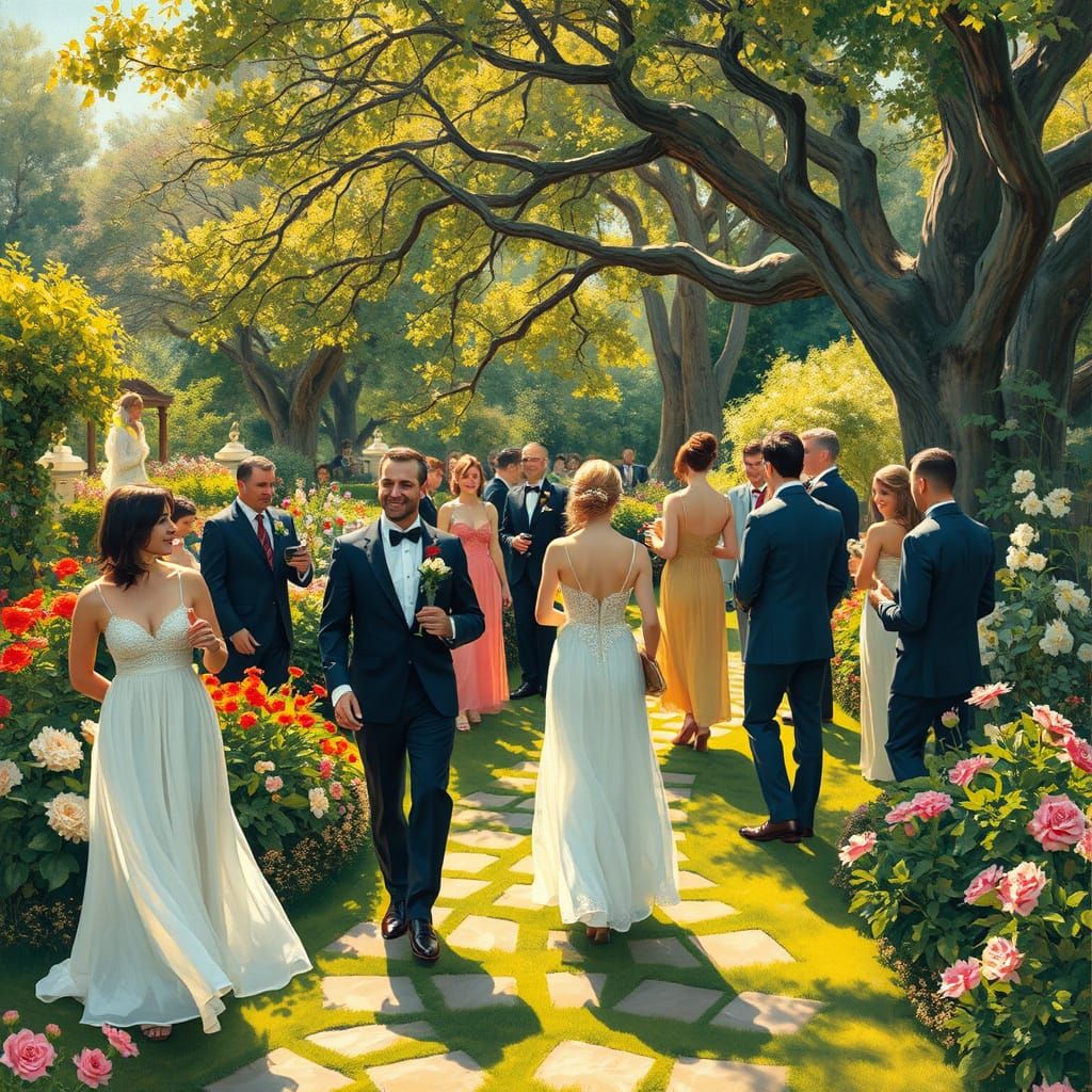 Elegant Garden Gathering in Impressionist Style