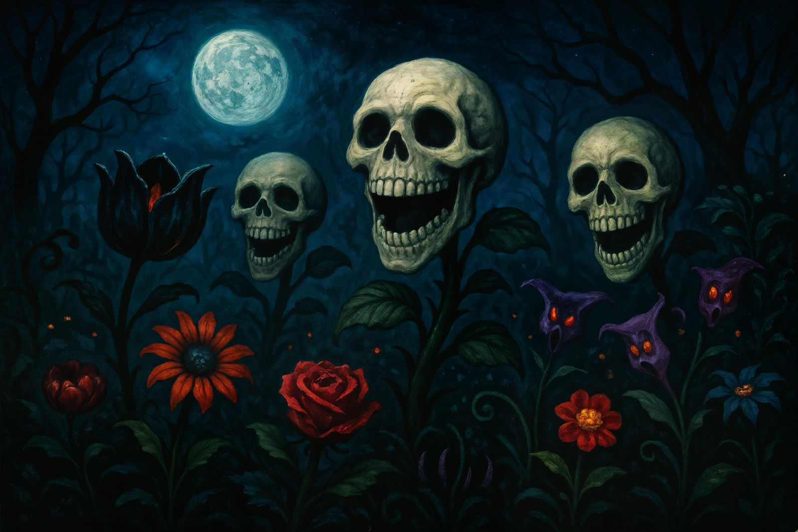 Spooky Garden with Skull Plants at Night