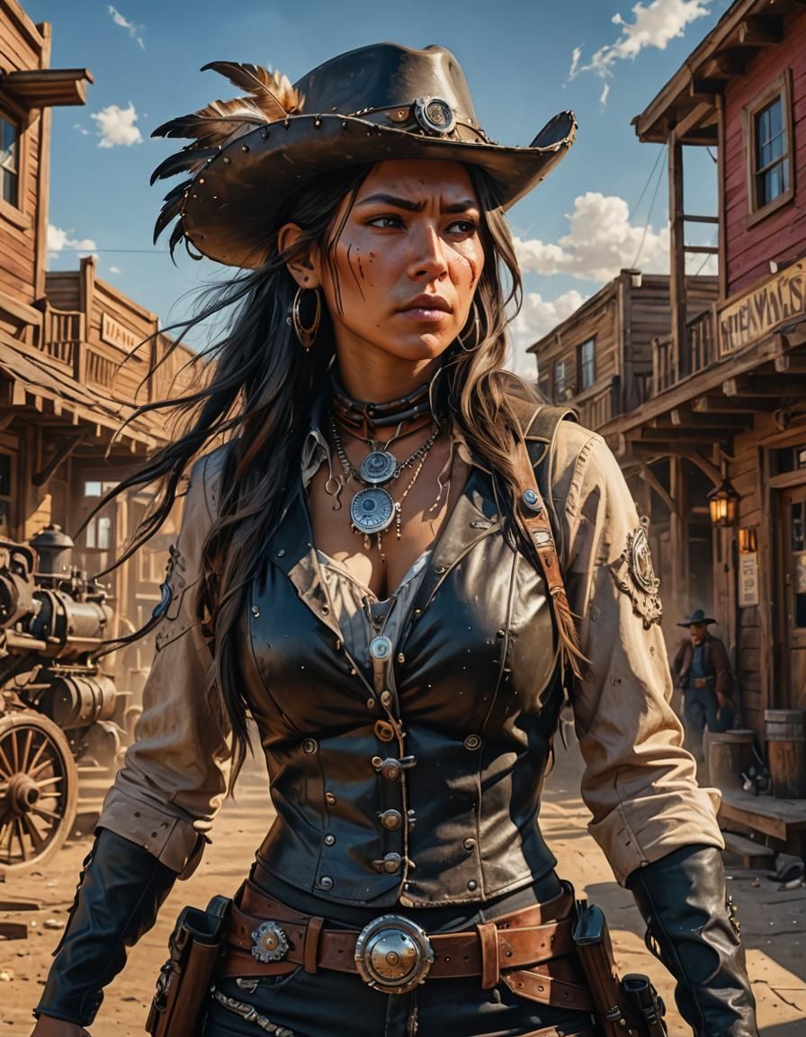 Native American Gunslinger in Wild West, Hyperrealistic Art