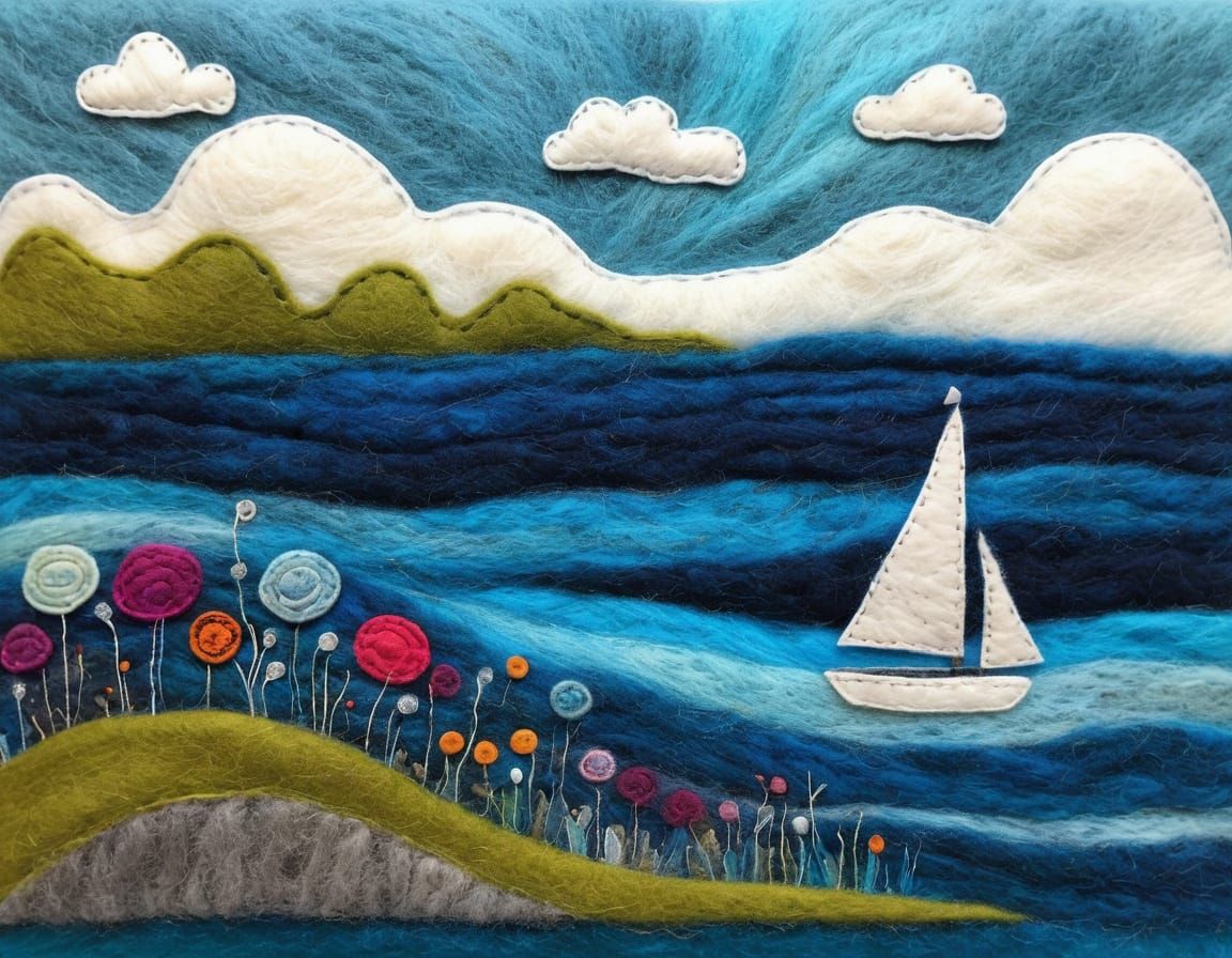 Woollen Felt Art: White Sail on Blue Lake