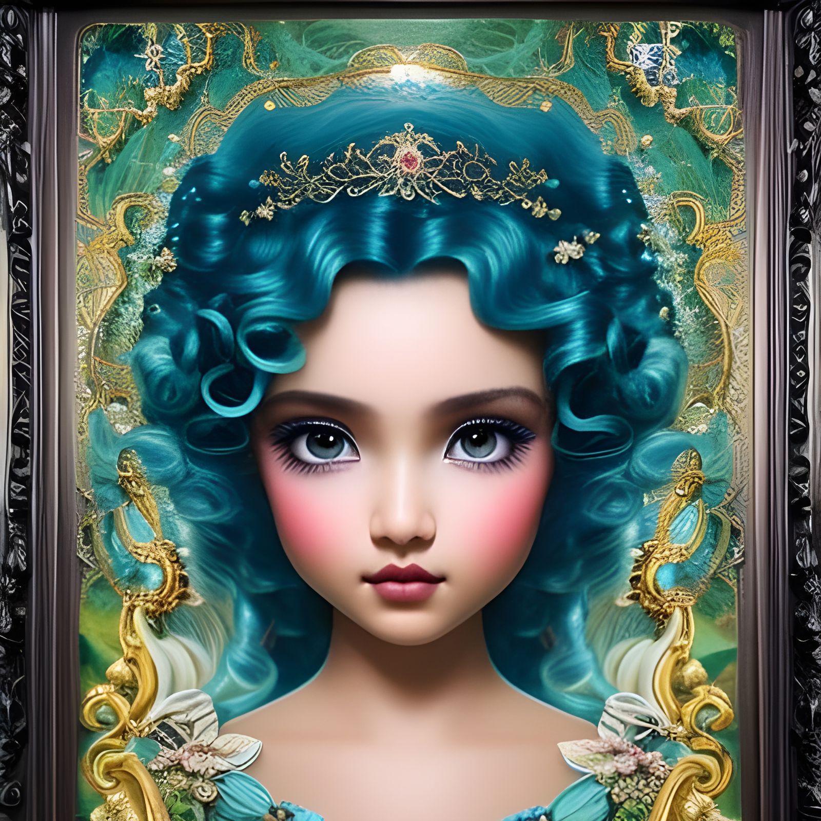 Hispanic Girl with Blue Hair, Art Deco Style