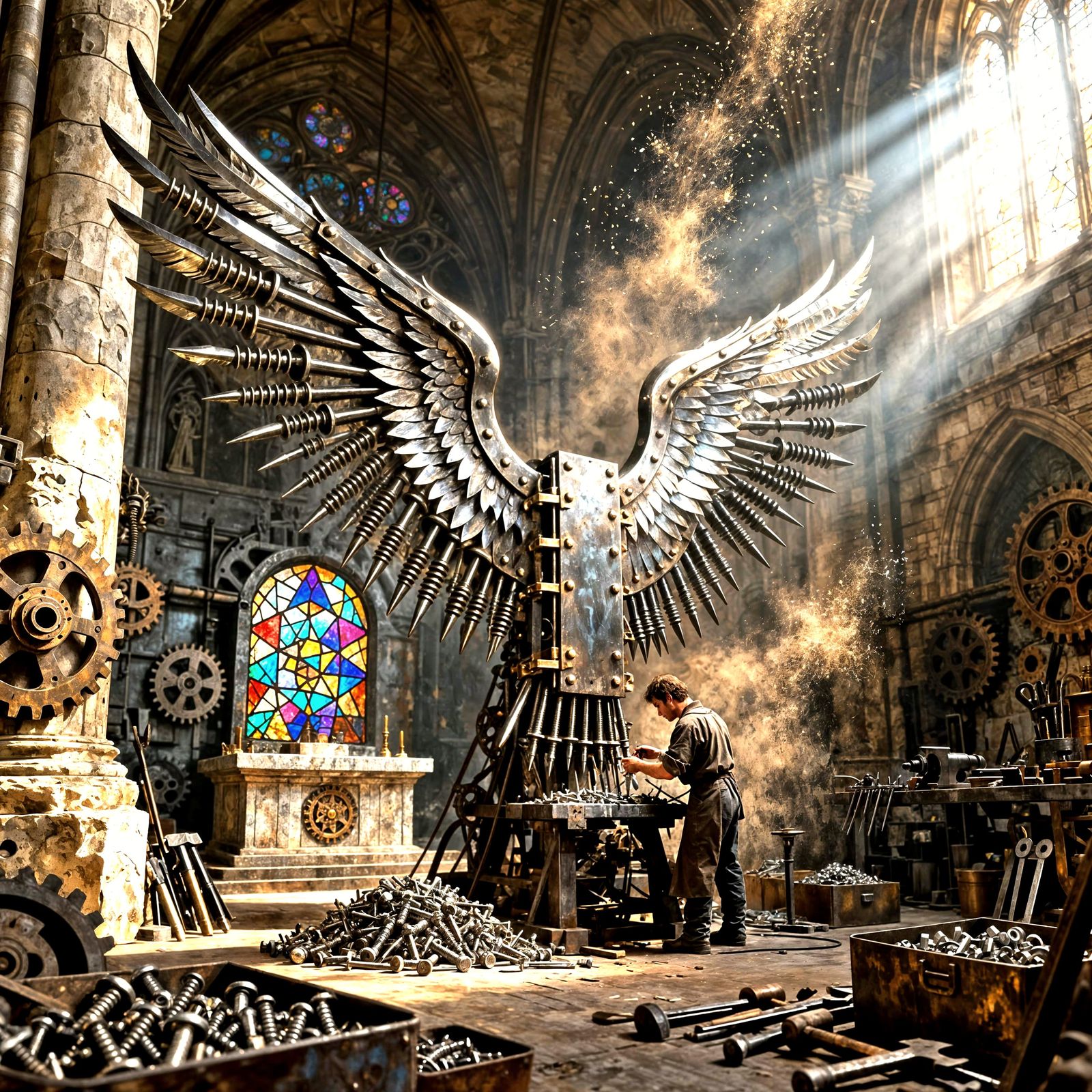 Steampunk Artificer Builds Nail Feather Wings in Cathedral W...