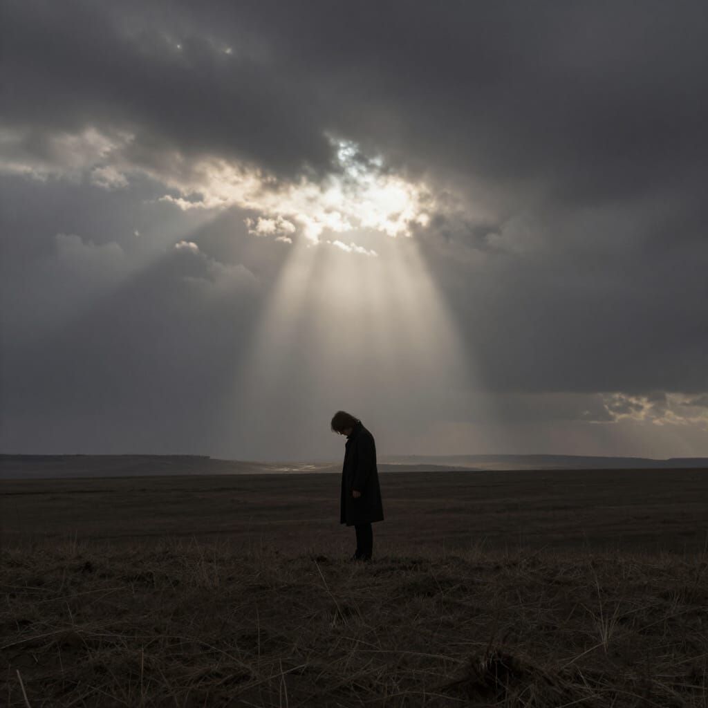 Solitary Figure in Desolate Landscape Under Moody Sky