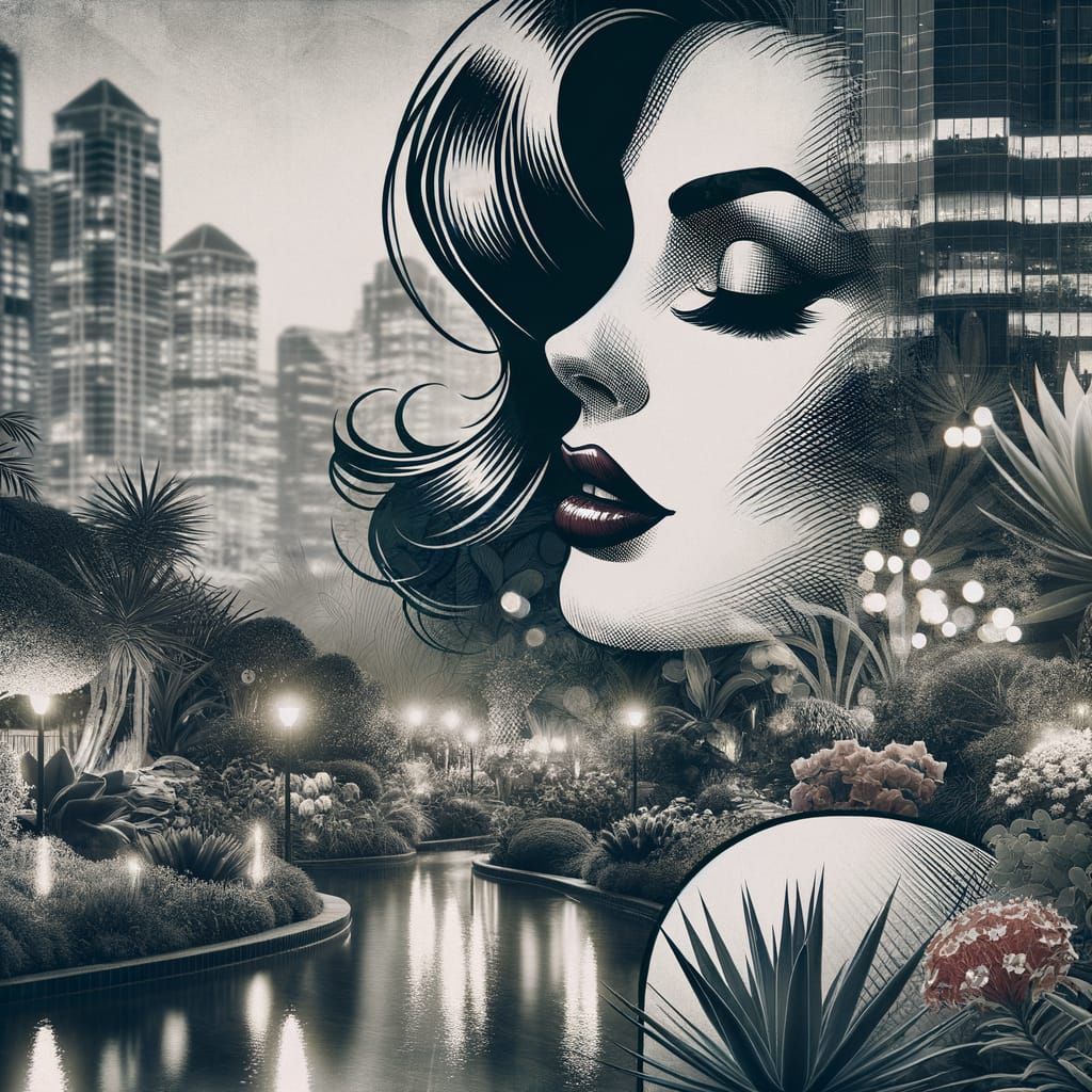 Sultry Woman in Noir Comic Style with Botanical Garden