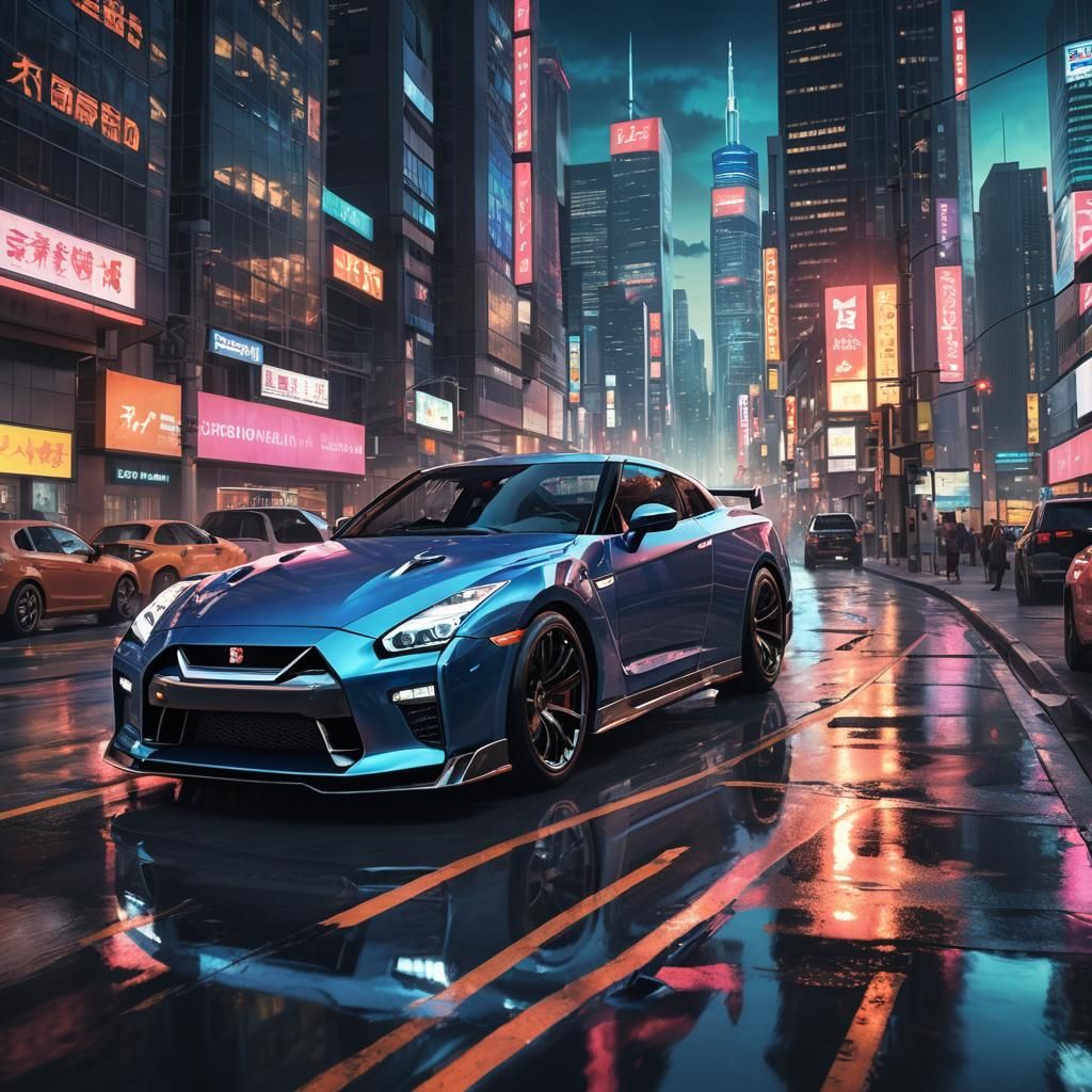 Futuristic Nissan GTR R35 in Neon Cityscape