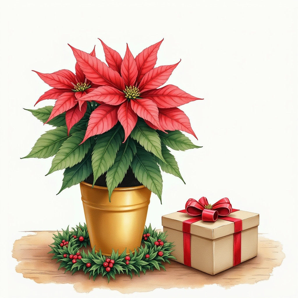 Poinsettia Plant with Christmas Decorations in Watercolor