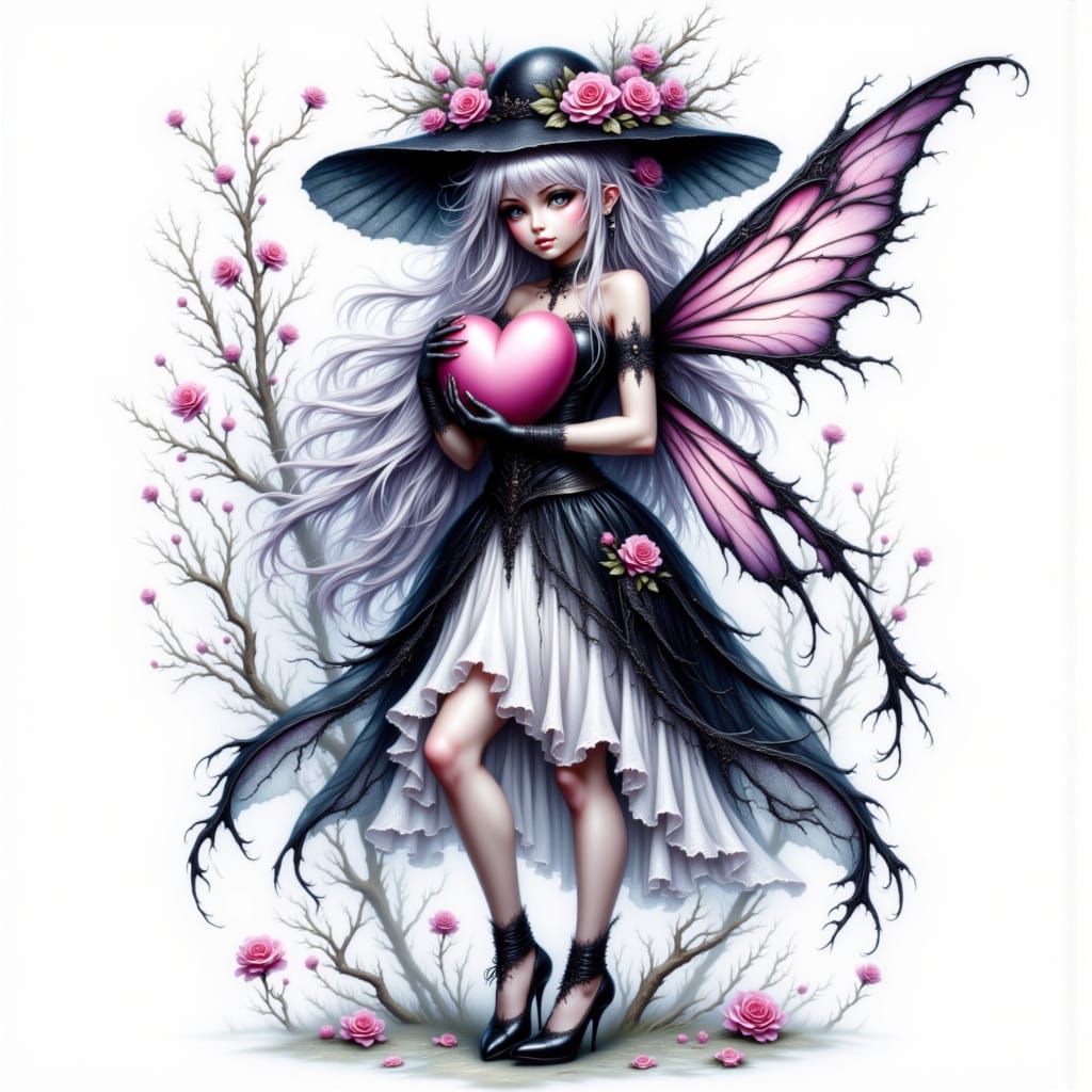 Whimsical Goth Fae Holding Pink Heart