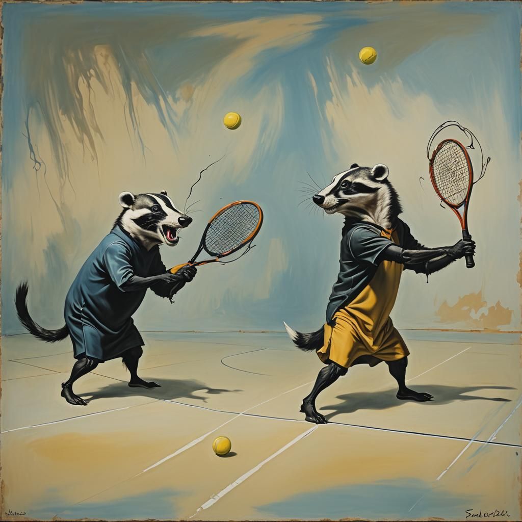 Badgers Play Tennis in Surreal Dali Style