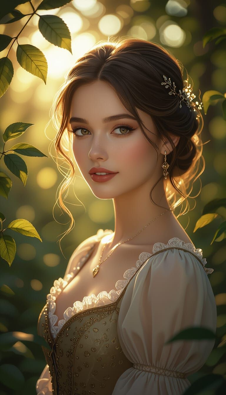 Ethereal Beauty: Woman in Enchanted Forest at Golden Hour