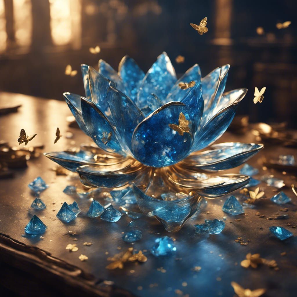 Broken Glass Lotus Figurine with Golden Butterflies
