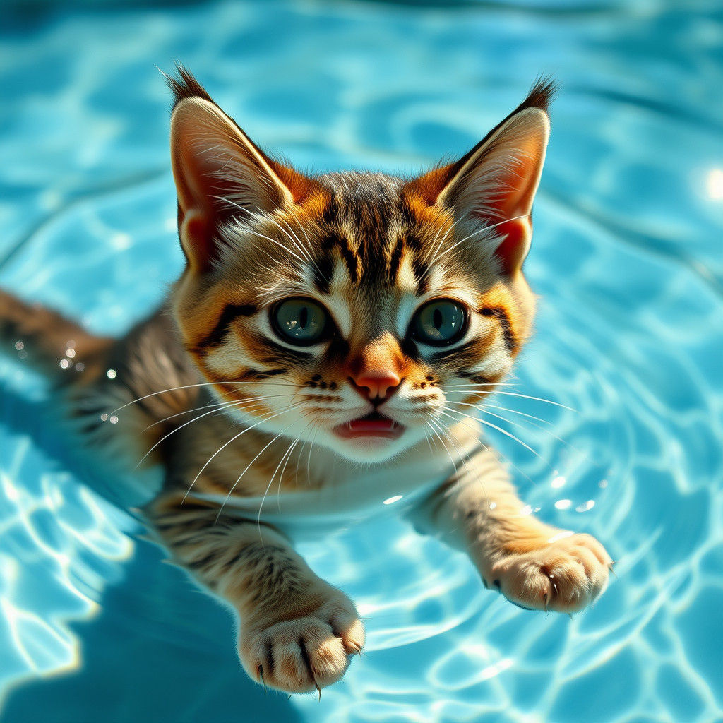 Startled Cat's Pool Plunge: Photorealistic Art