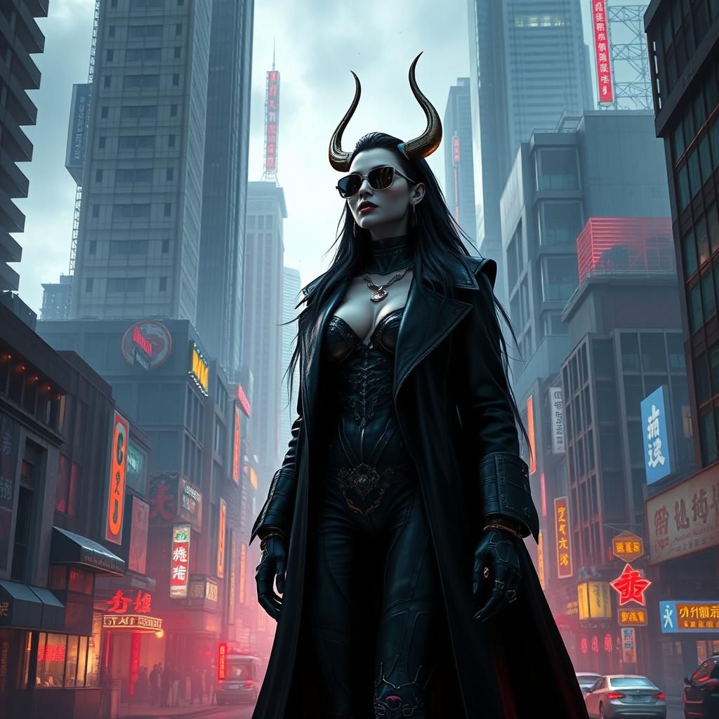 Cyberpunk Goddess Tiamat in Dystopian Cityscape