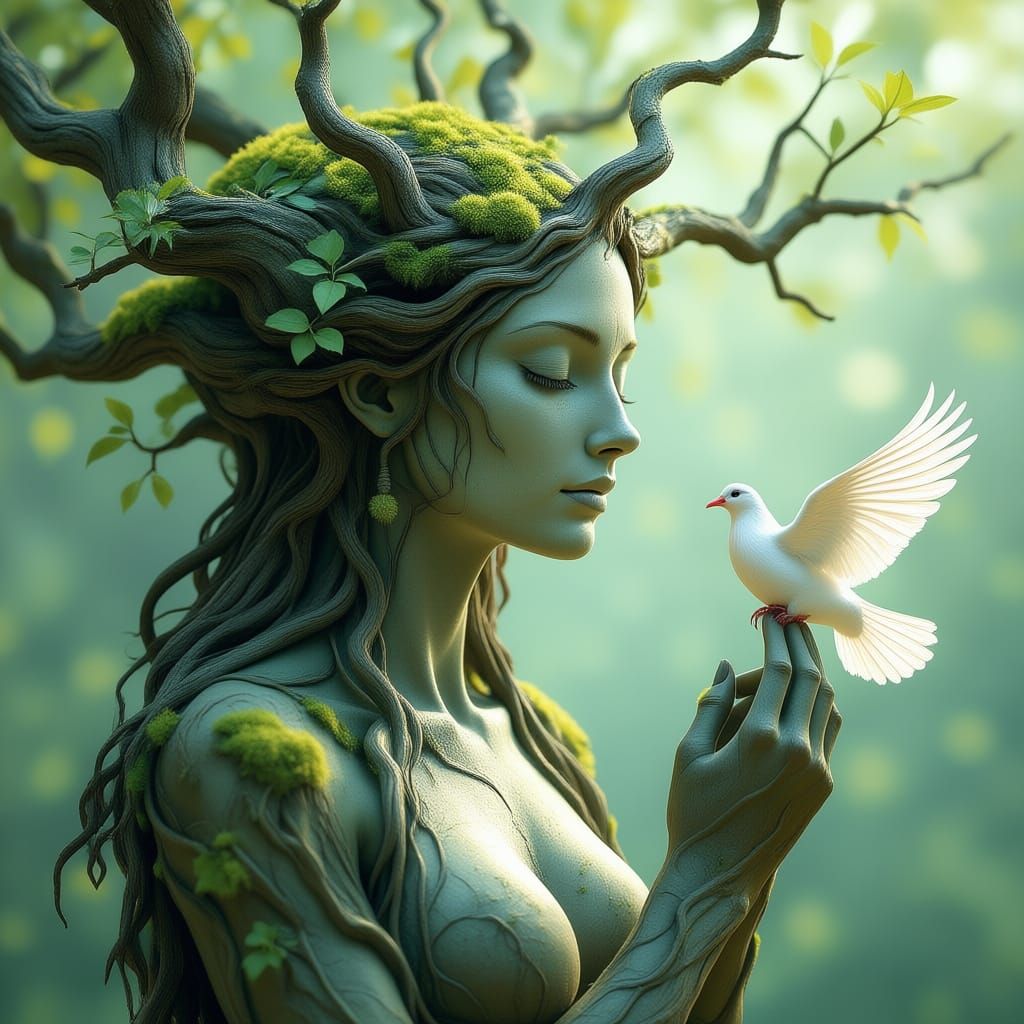 Tree Woman Embracing Peace with Dove