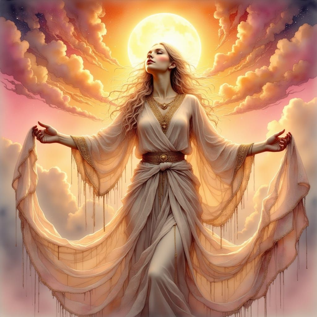 Goddess Aurora Cradles the Sun in Majestic Splendor