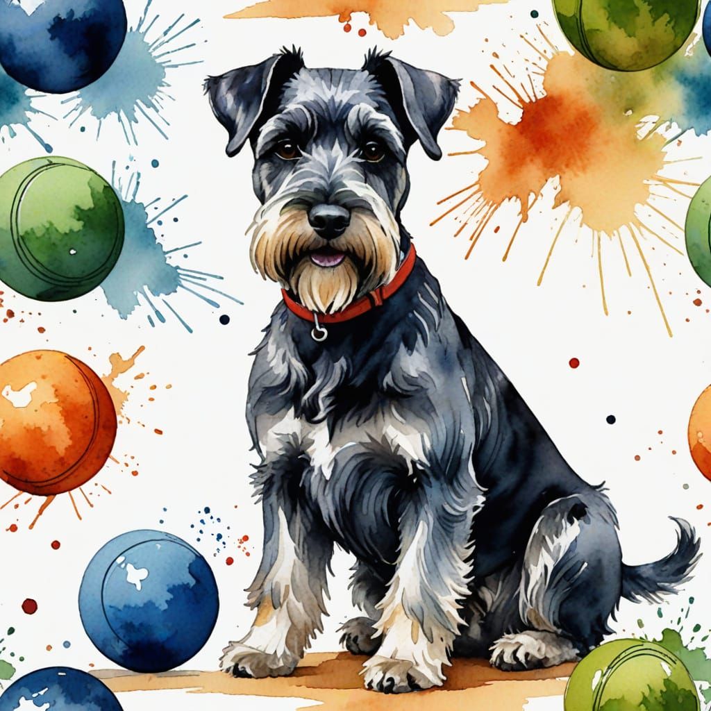 Schnauzer Playing with a Ball in Watercolor Style