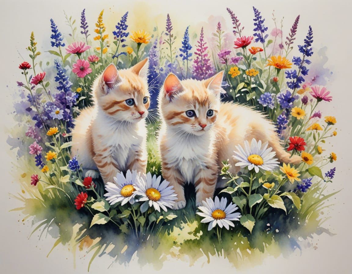 Playful Kittens in Sunlit Garden Watercolour Painting