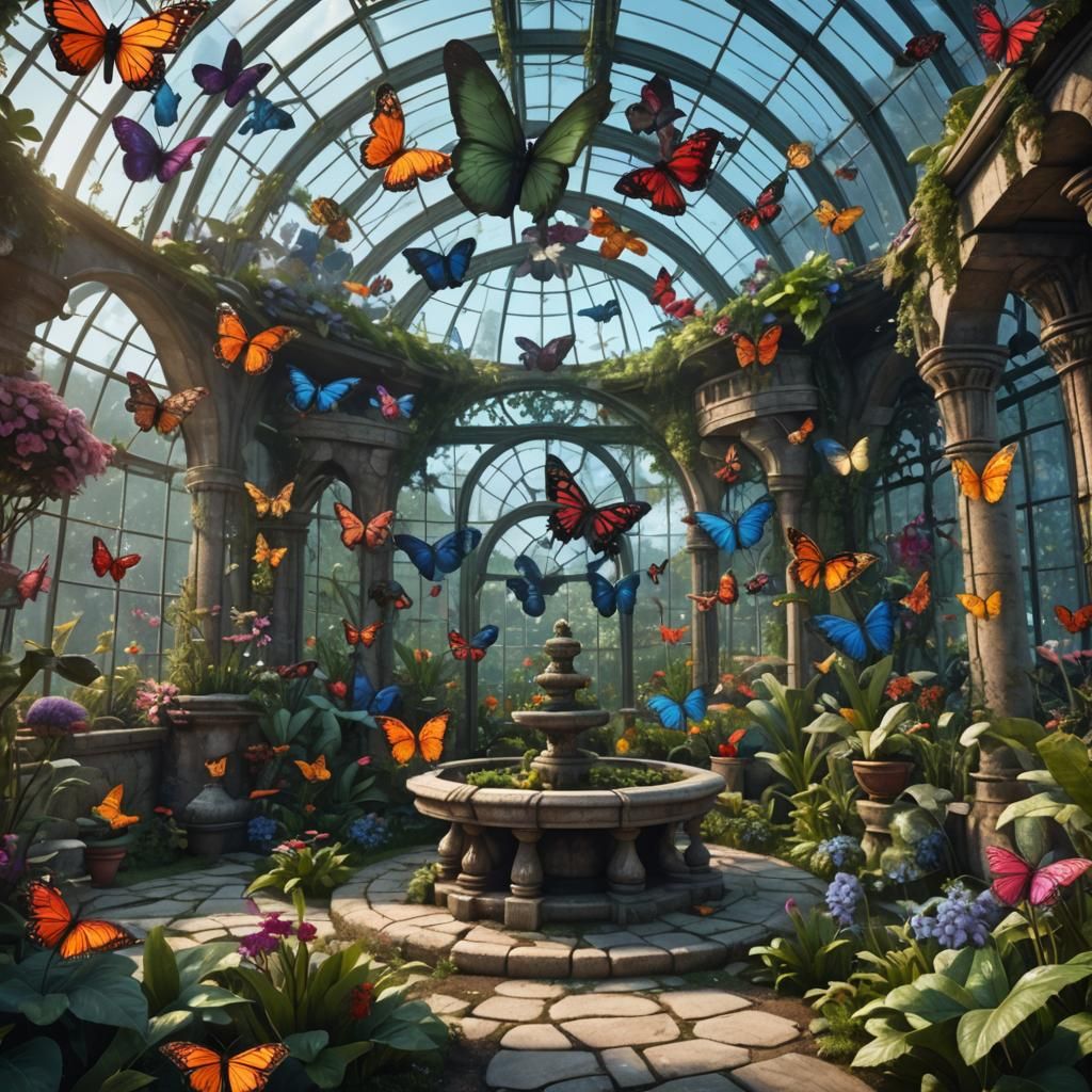 Fantasy Garden with Giant Butterflies: Detailed Matte Painti...