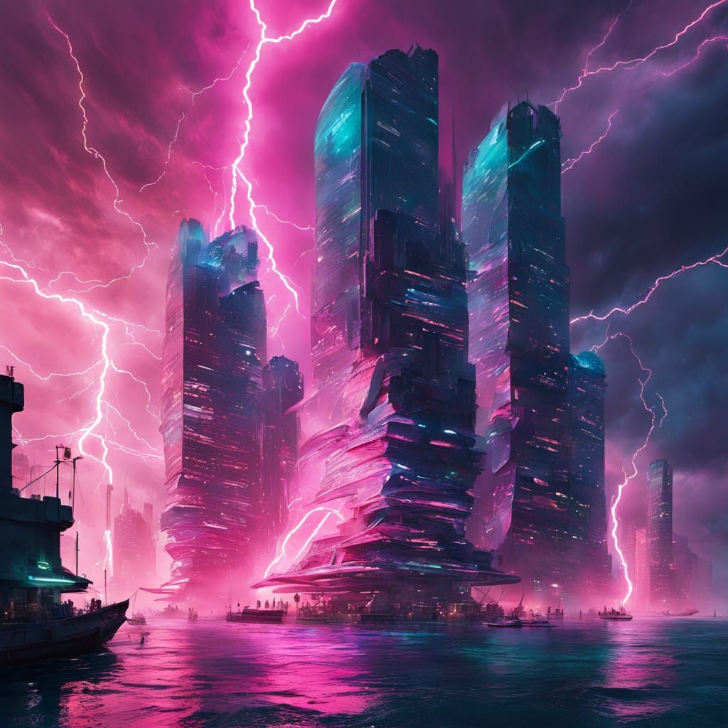 Neon City Rises from Stormy Seas in Cyberpunk Style