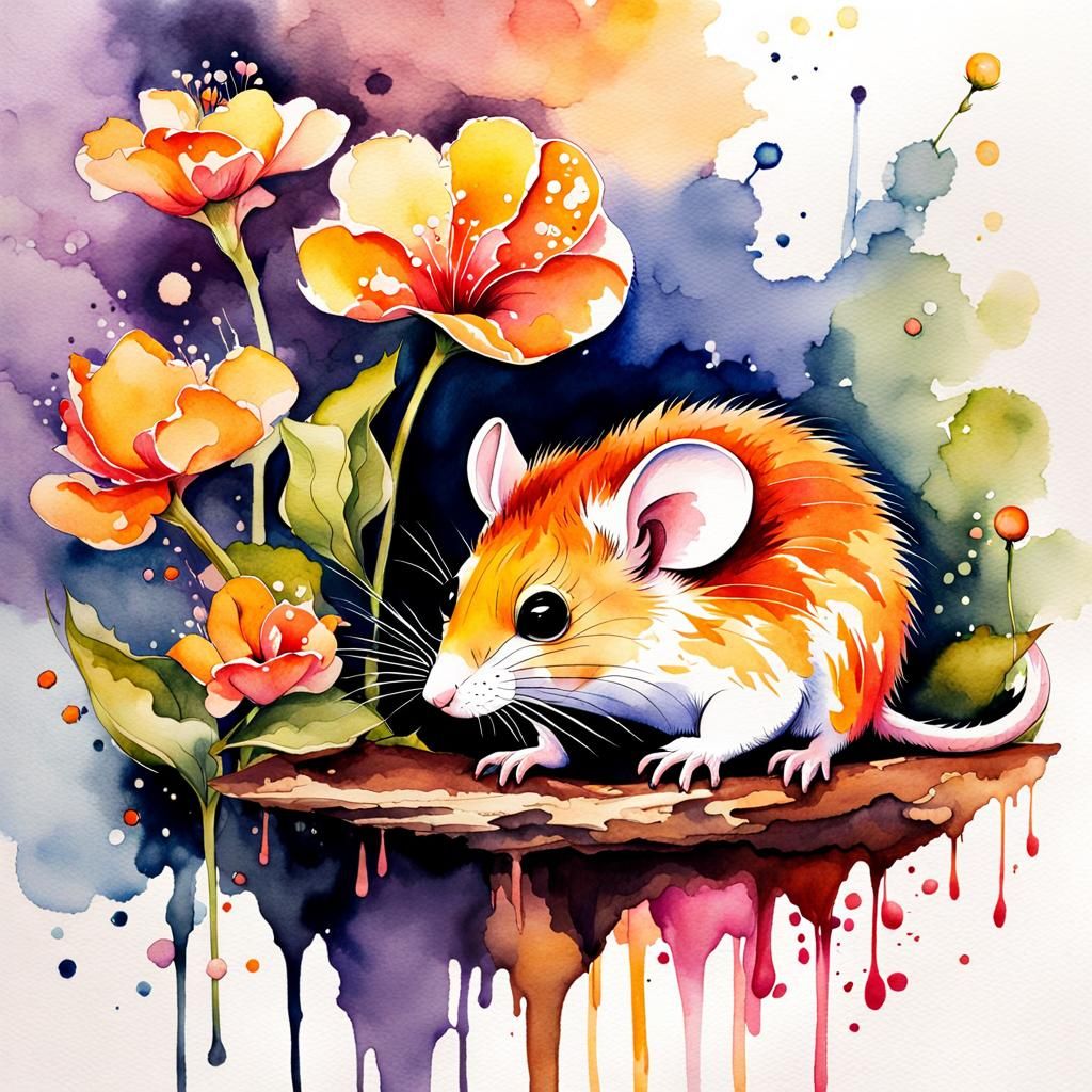 Dormouse Sleeping in Flower: Watercolor Splatter Sketch