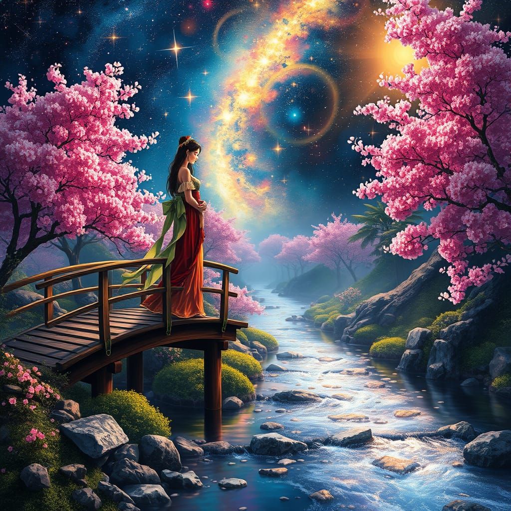 Princess Akemi in Japanese Garden, Liquid Smoke Splash Paint...