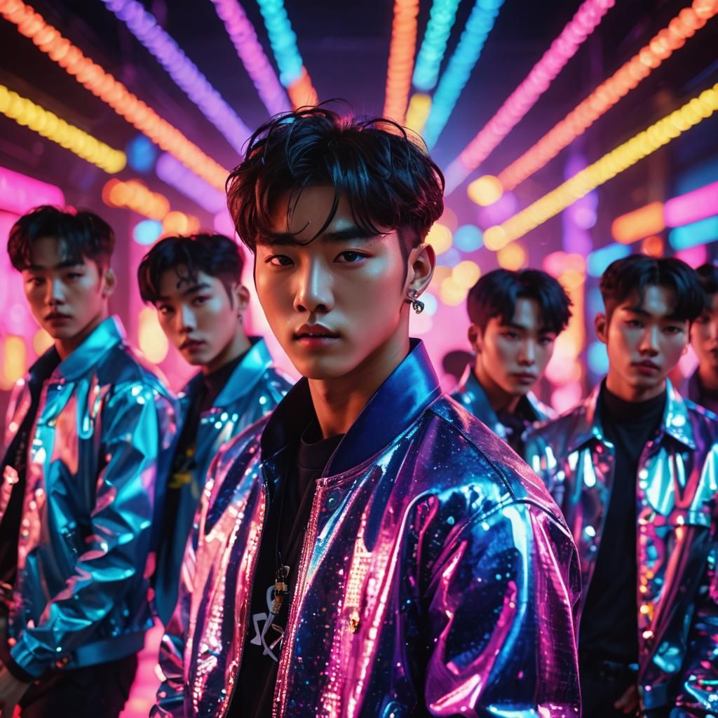 Dynamic K-Pop Idol Portrait in Vibrant Neon Lighting
