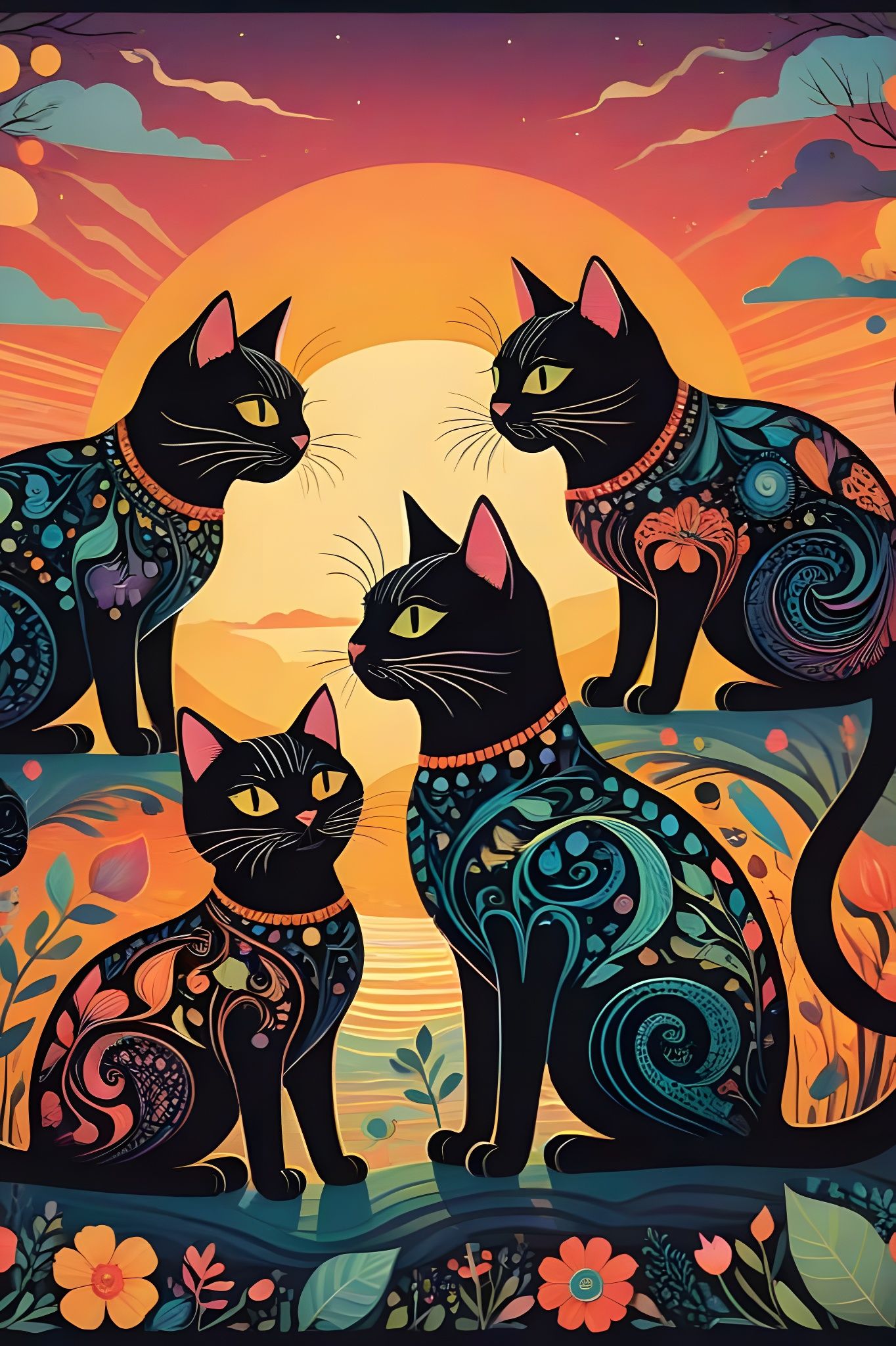 Whimsical Cats in Sunset Wonder