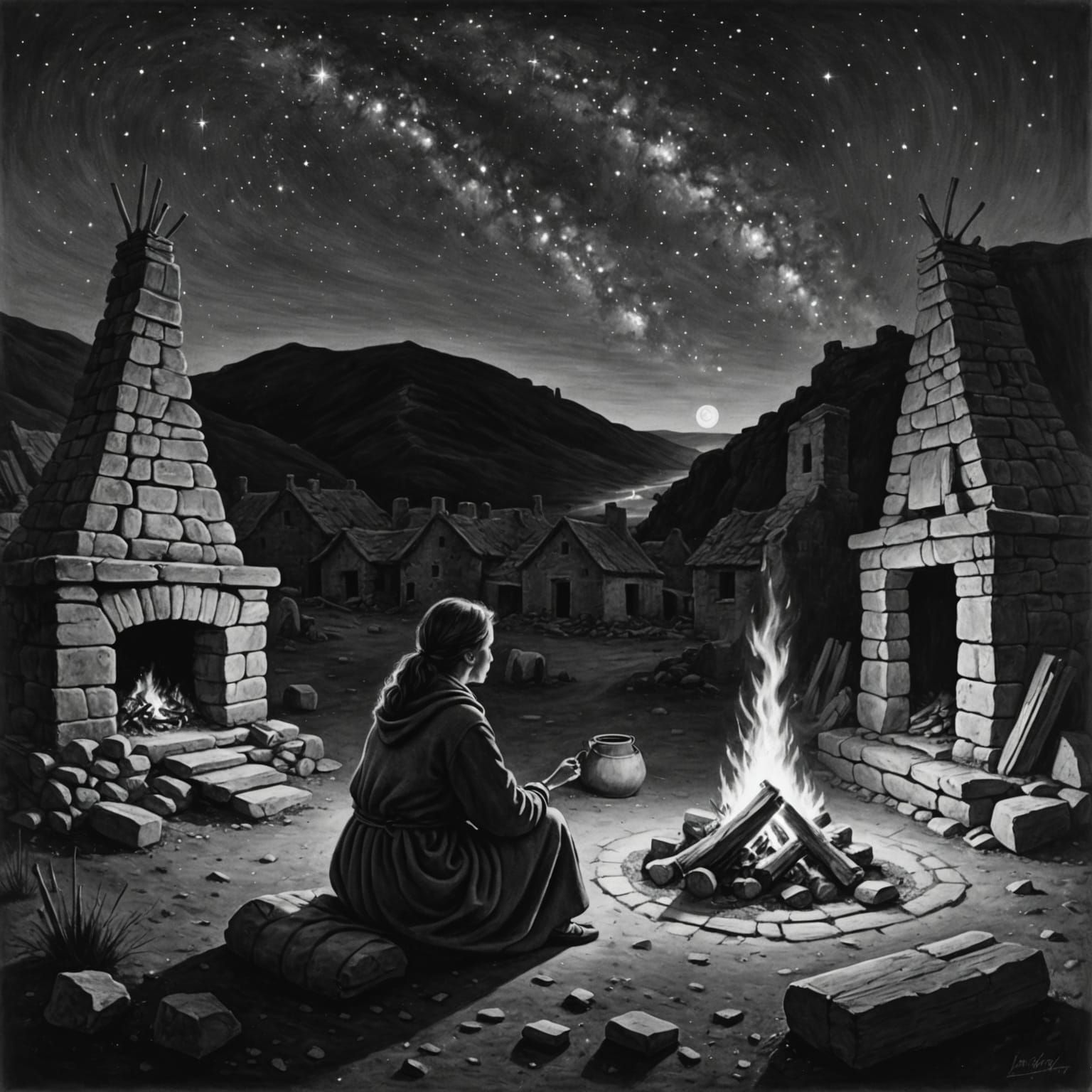 Traveller Resting in Ancient Ruins at Night