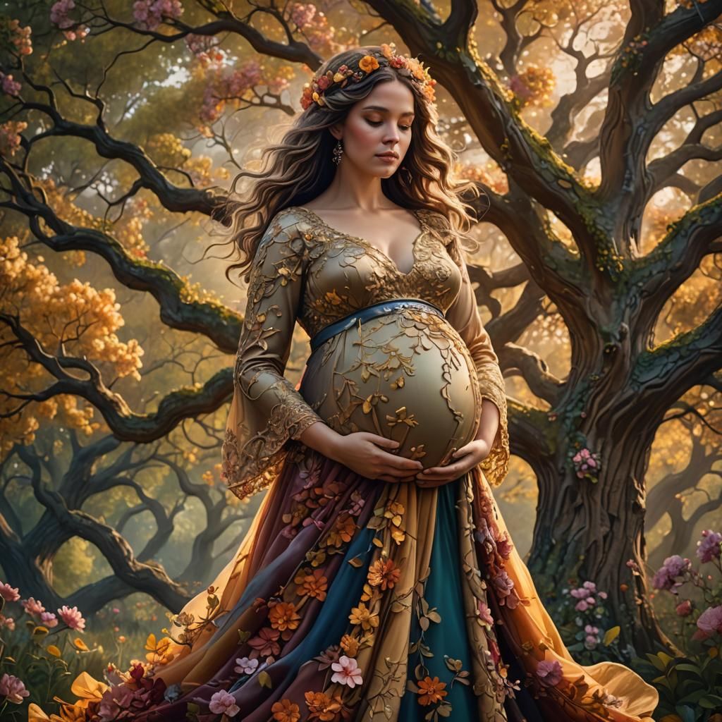 Pregnant Woman in Floral Gown: Fantasy Concept Art