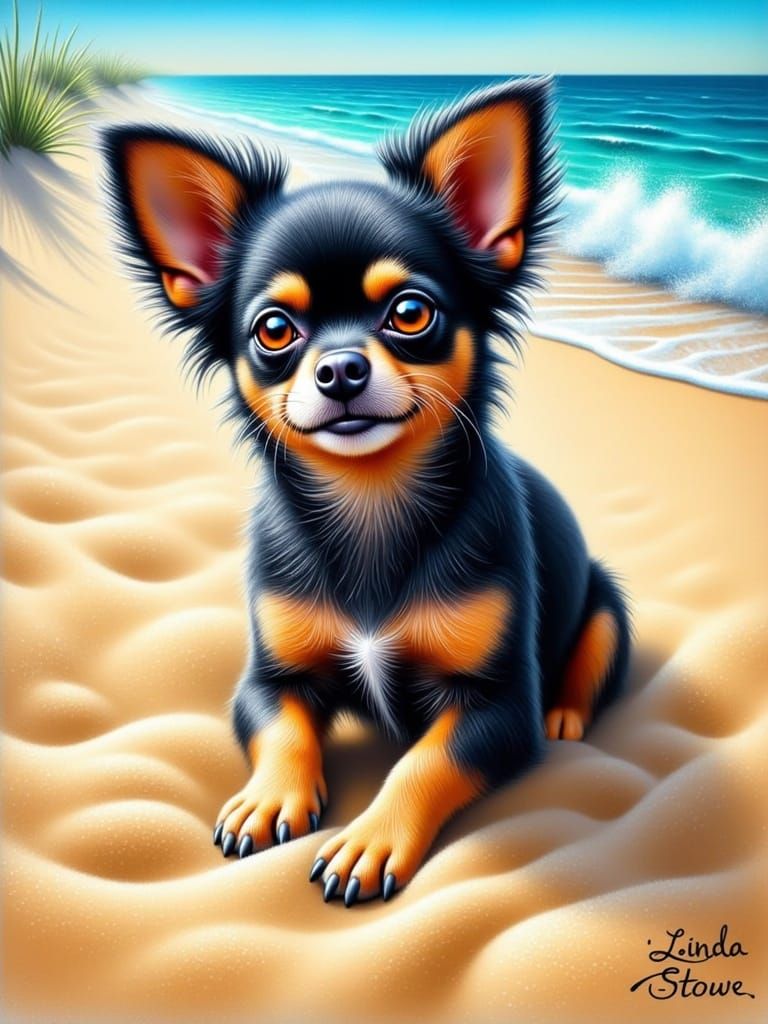 Peaceful Summer Scene of a Black and Tan Chihuahua on the Be...