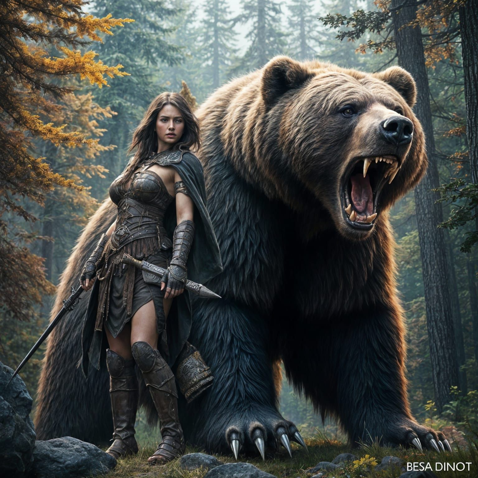 Grizzly Protector: Hyperrealistic Bear Defends Warrior