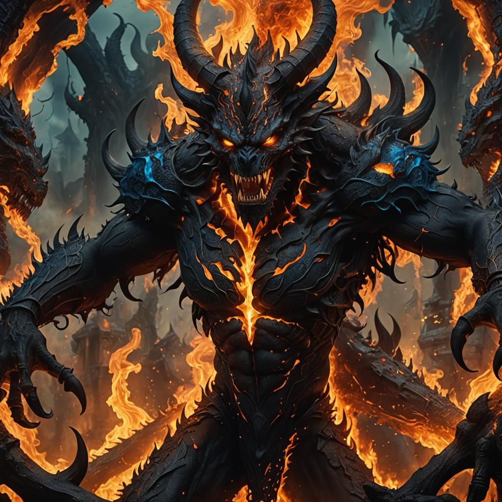 Six-Armed Demon Engulfed in Flames: Dark Fantasy Art