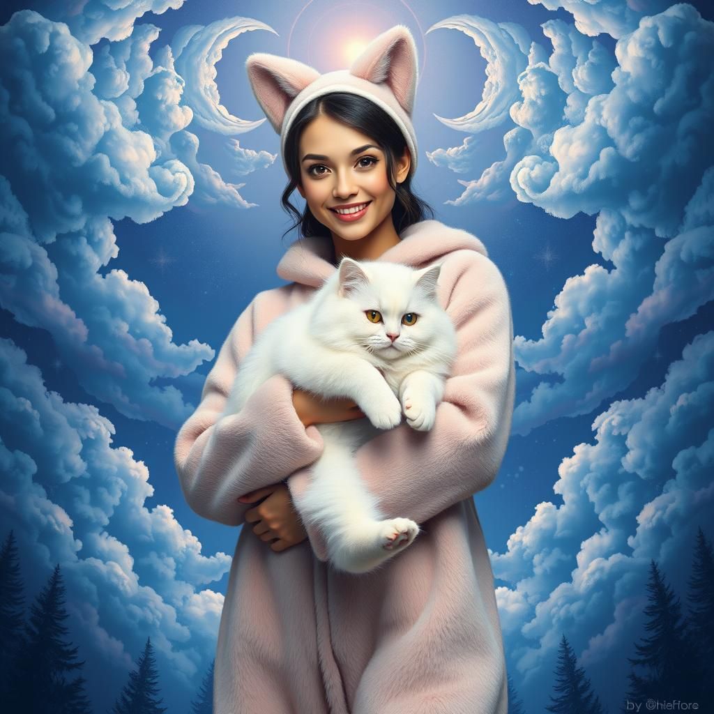 Woman in Cat Suit Holding White Cat, Digital Painting