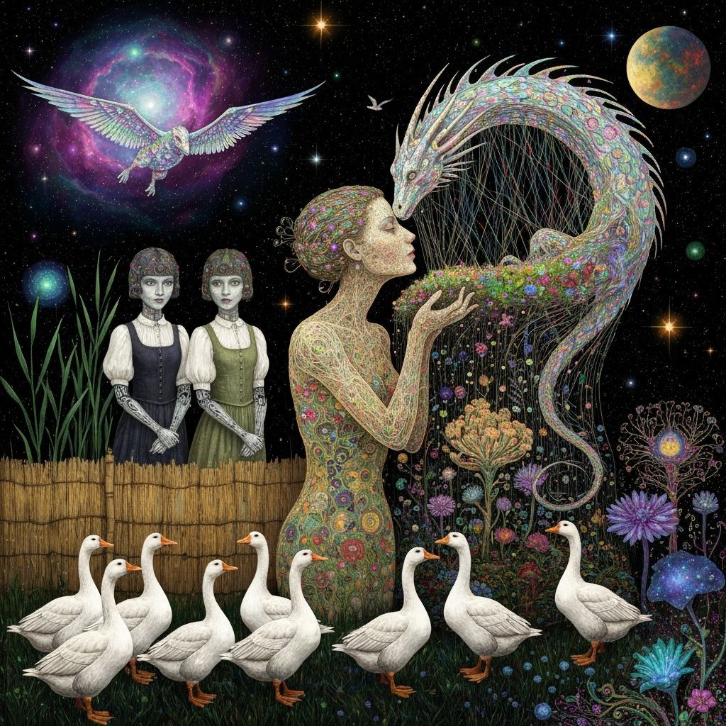 Folkloric Robot and Geese in Surreal Eco-Art Garden