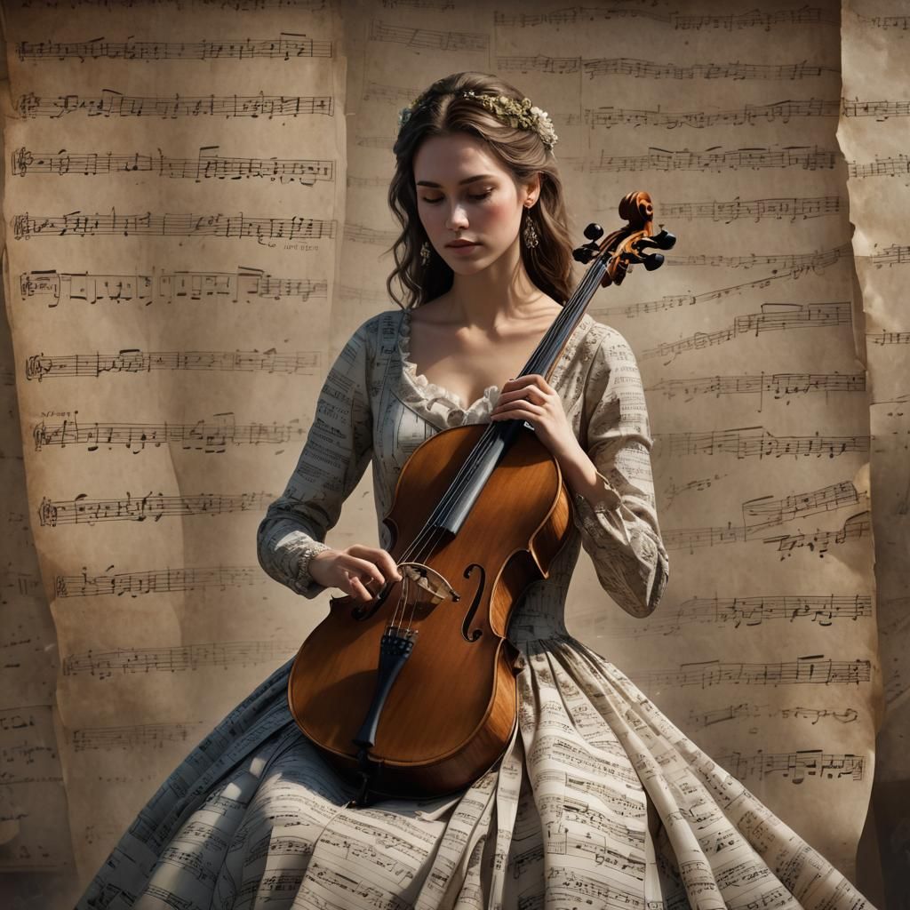 Cellist in Musical Dress: Fantasy Concept Art