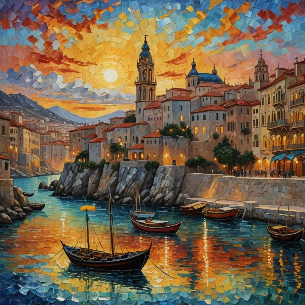 Sunset Over Spanish Palace in Impasto Style
