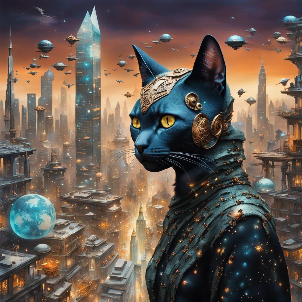Cat Witch in Futuristic City: Maximalist Art