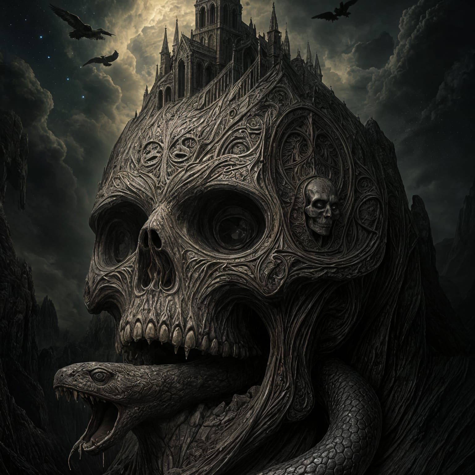 Grotesque Skull Mountain with Gothic Architecture and Cosmic...
