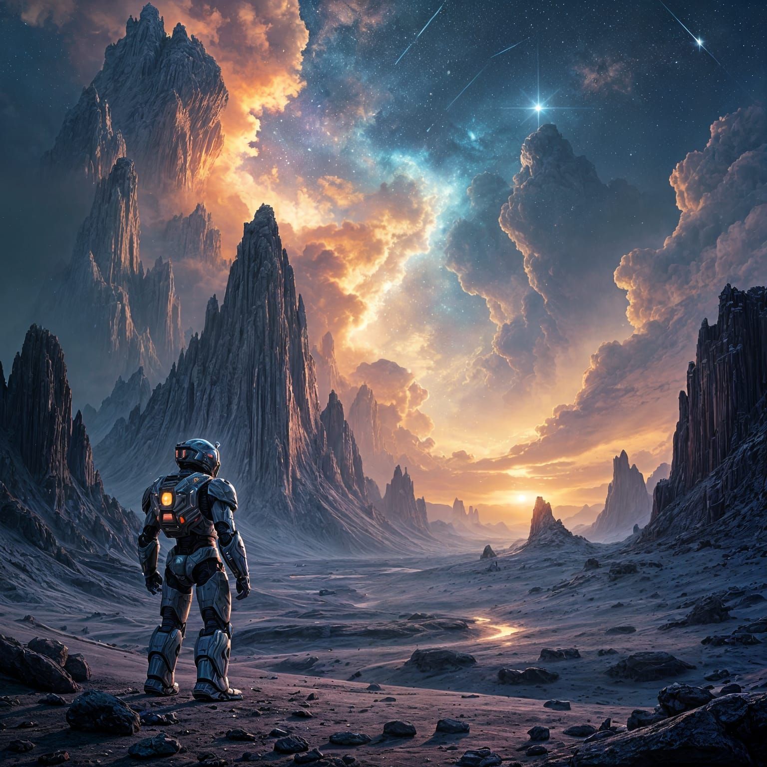 Robot Gazes at Nebula Sky on Alien Planet