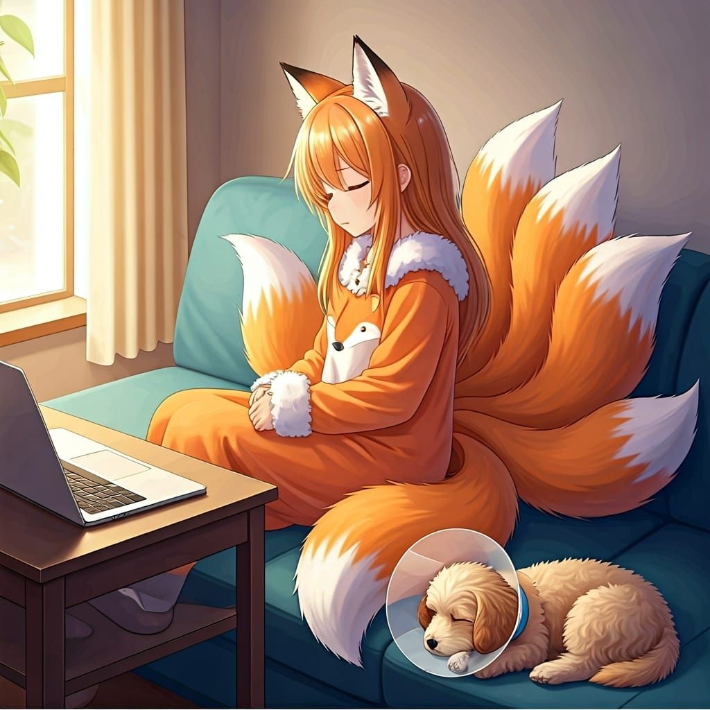 Anime Fox Girl Sleeping with Puppy